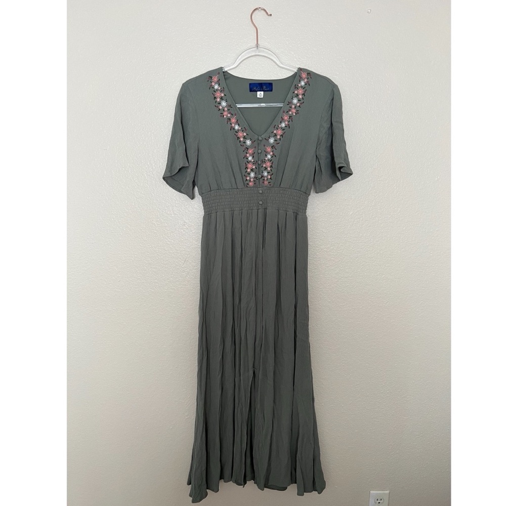 Francesca’s sage green dress with pink embroidered flowers size M